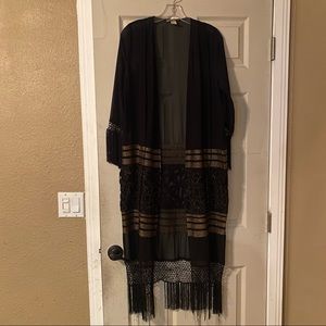Embroidered sheer kimono with fringe